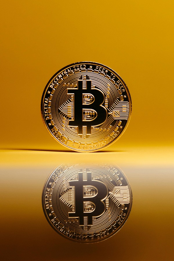 Bitcoin (BTC) cryptocurrency logo coin standing upright with reflection on a gold surface